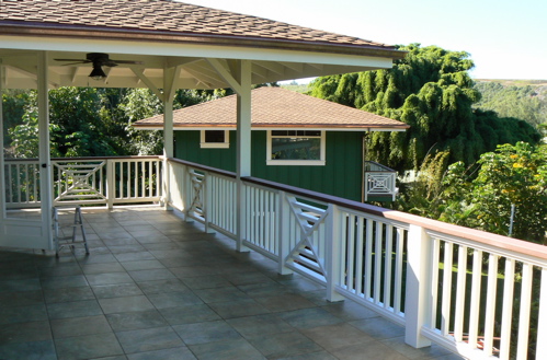 View from the upper tile-clad deck looking toward the Guest cottage